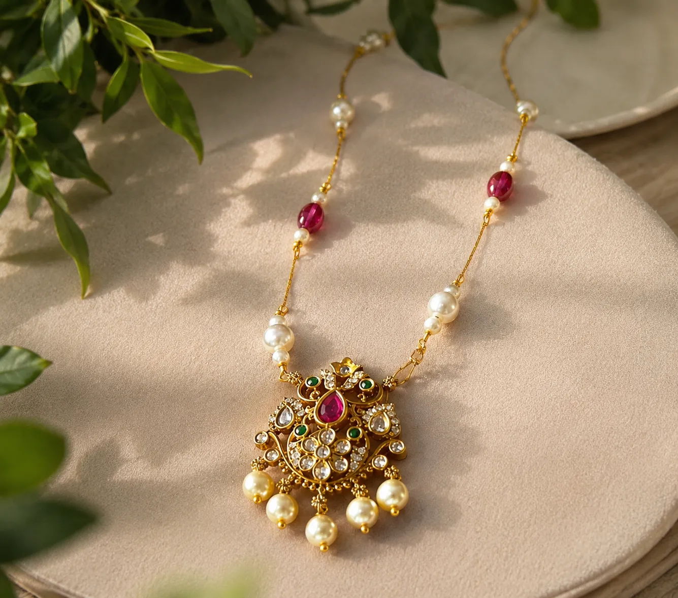 Royal Pearl and Ruby Beaded Pendant Chain